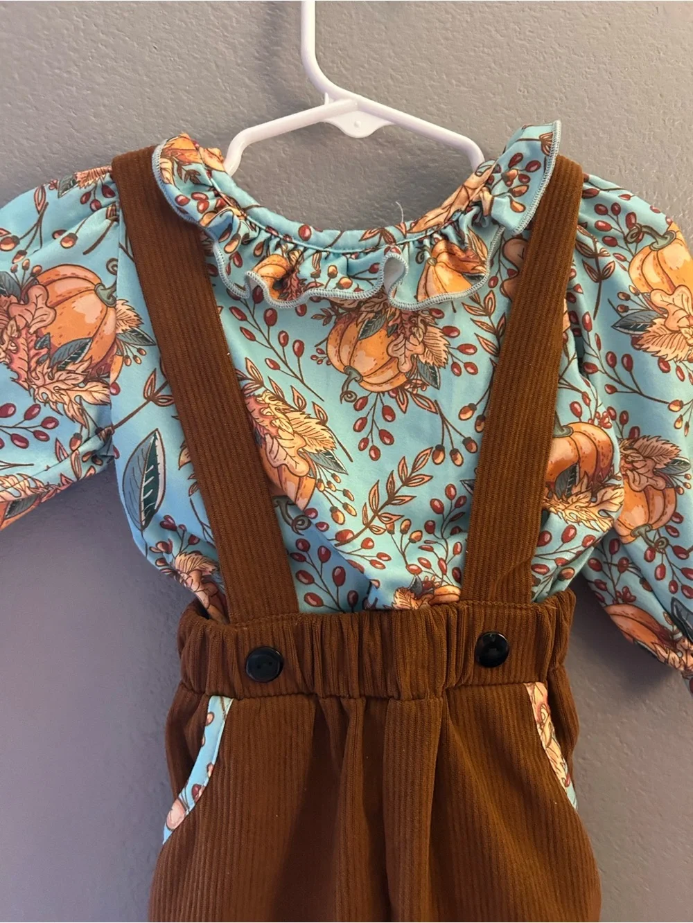 Girls' Floral Blouse with Brown Corduroy Suspender Pants